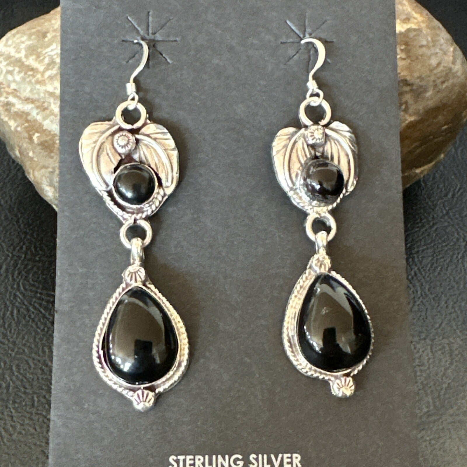 Black Onyx Navajo Sterling Silver Dangle Earrings 1.5" 18292
