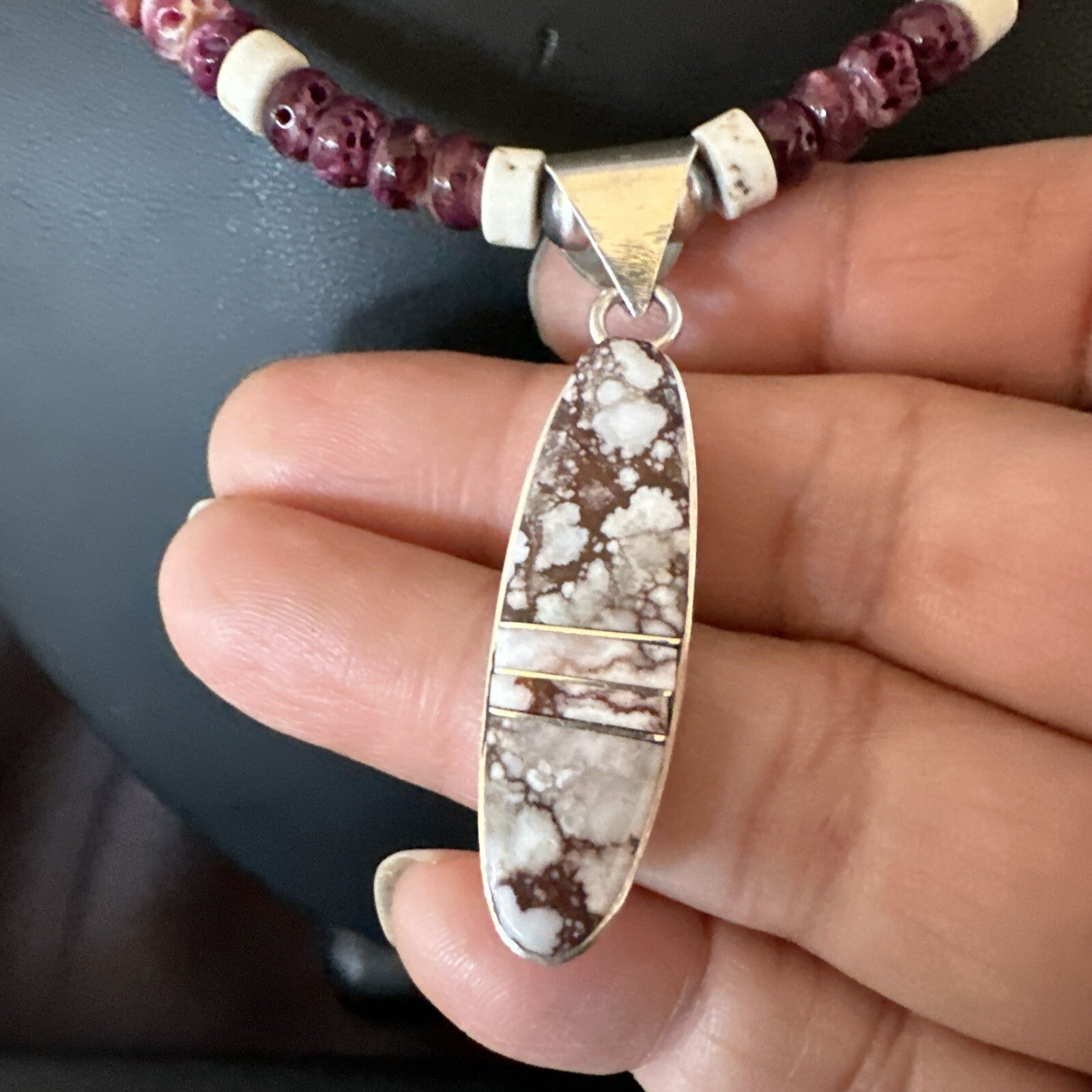 Purple Spiny Oyster Wild Horse Pendant Navajo Sterling Silver Necklace 17796