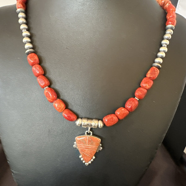 Navajo Apple Sponge Coral Necklace Inlay Pendant 21" | Sterling Silver | Authentic Native American Handmade | 18685