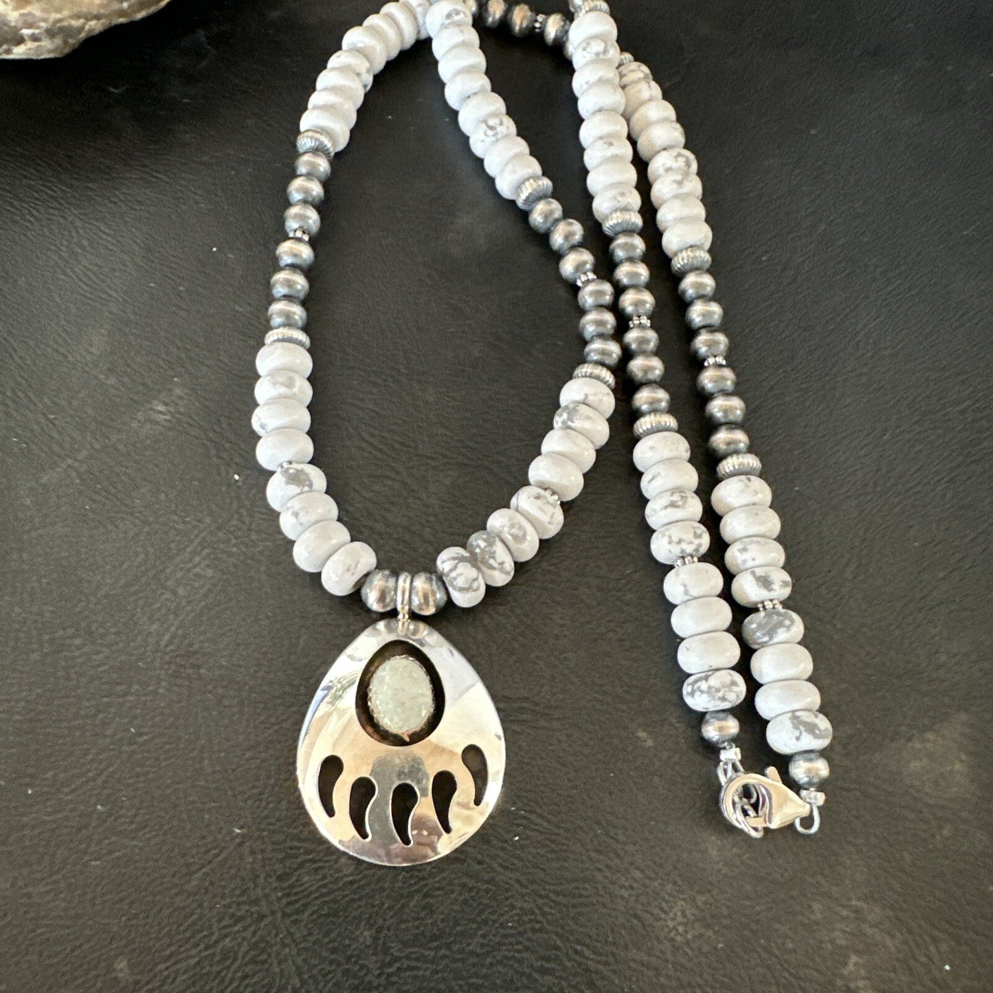 Mens White Opal BearPaw Pendant Navajo Howlite Sterling Silver Necklace 17884