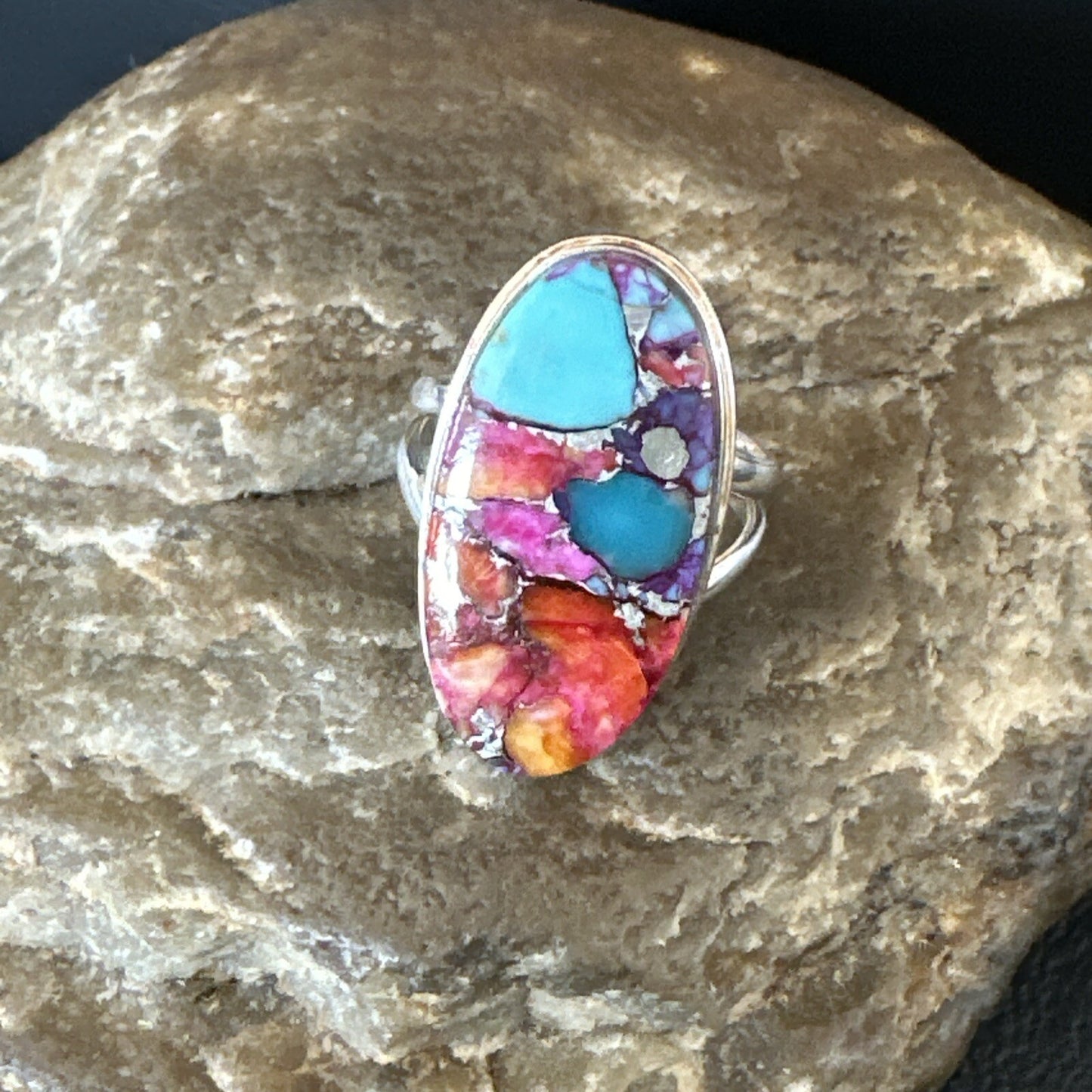 Blue Turquoise Spiny Oyster Navajo Sterling Silver Ring Size 7 18215