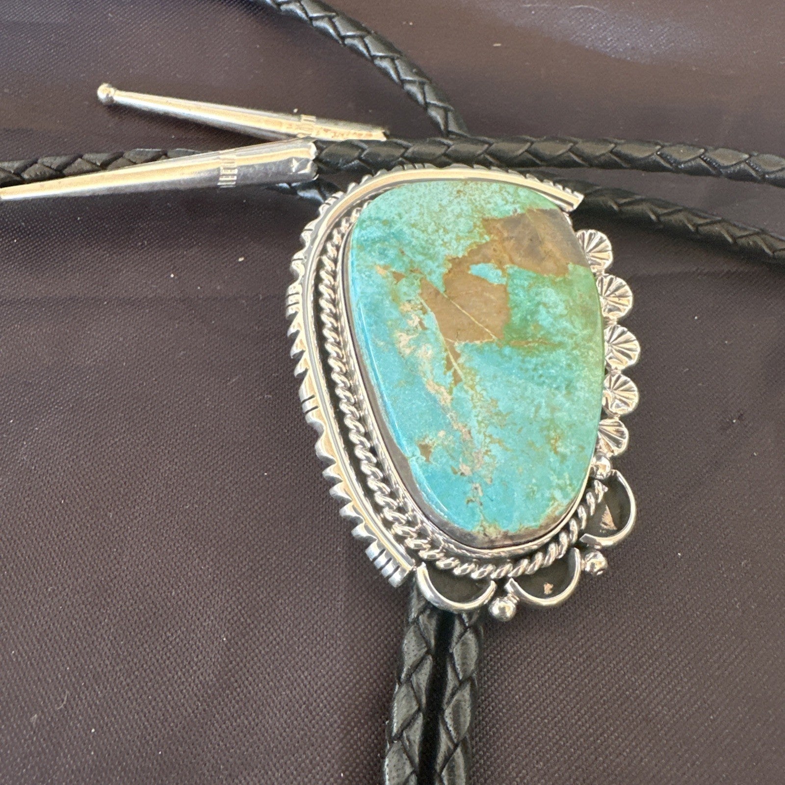 Native Mens Blue Green Royston Turquoise Bolo Tie Sterling Silver Navajo 19594