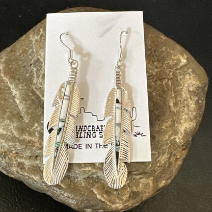 White Buffalo Turquoise Opal Sterling Silver Handmade Feather Earrings 18697