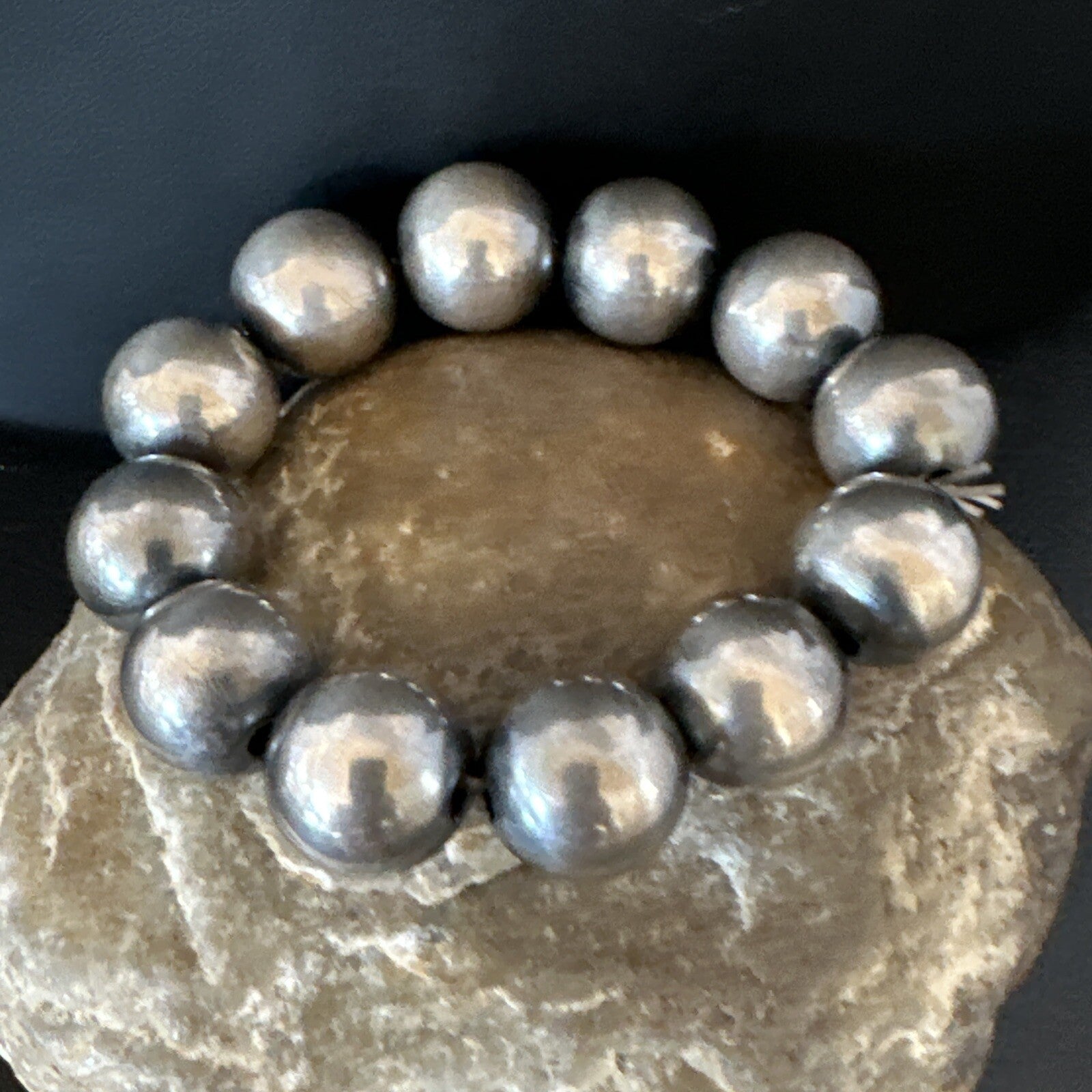 Navajo 14mm Beads Stretch Sterling Silver Bracelet 7" 91402