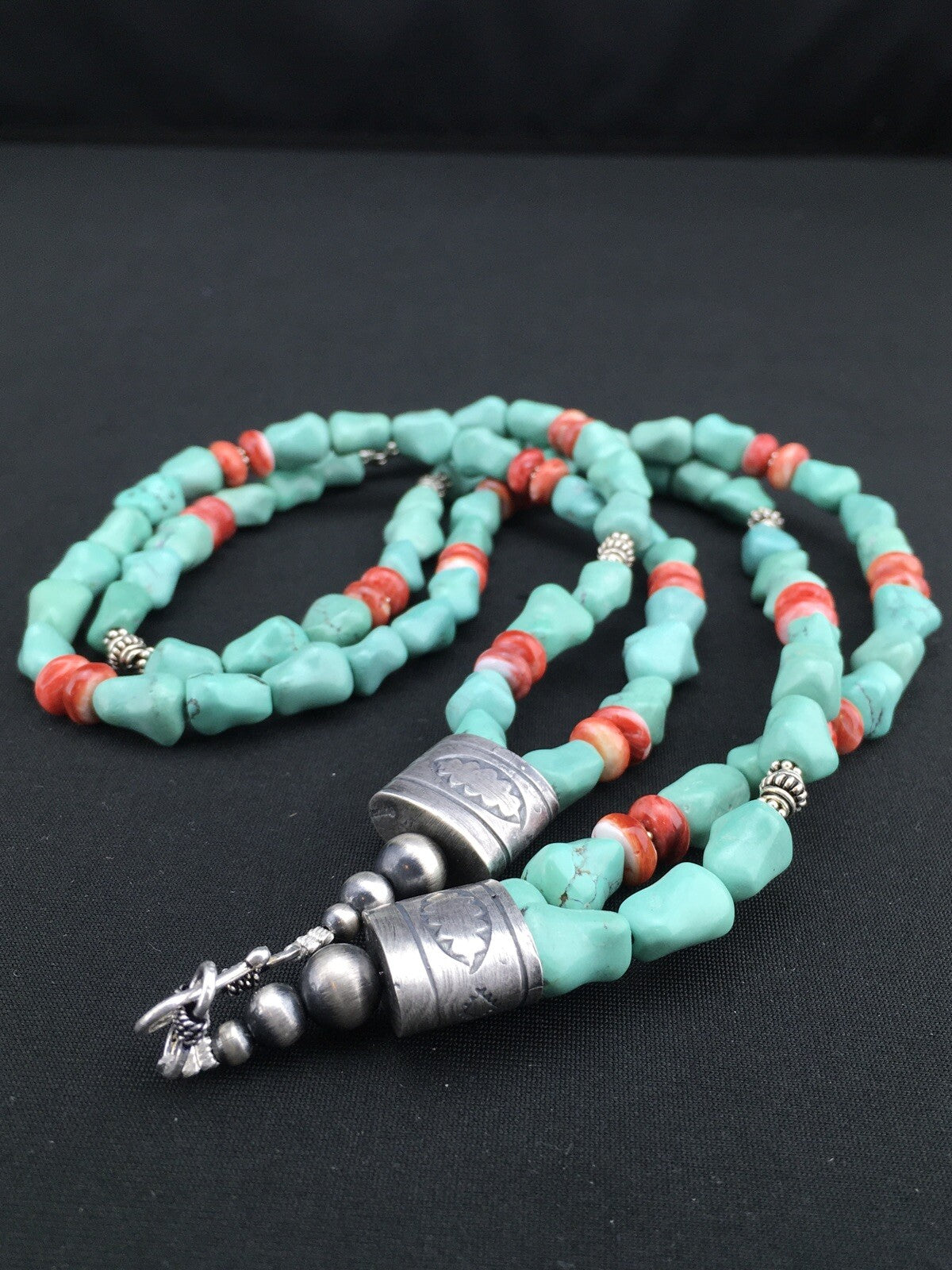 Native Turquoise Spiny Sterling Silver Nugget Bead 2 Strands Necklace 22" 01352