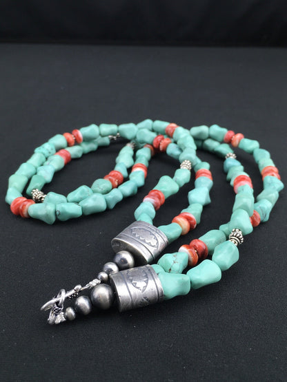 Native Turquoise Spiny Sterling Silver Nugget Bead 2 Strands Necklace 22" 01352