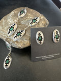 Old Navajo Green Malachite Shadowbox Necklace Earrings 18" | Sterling Silver | Authentic Native American Handmade | 19106