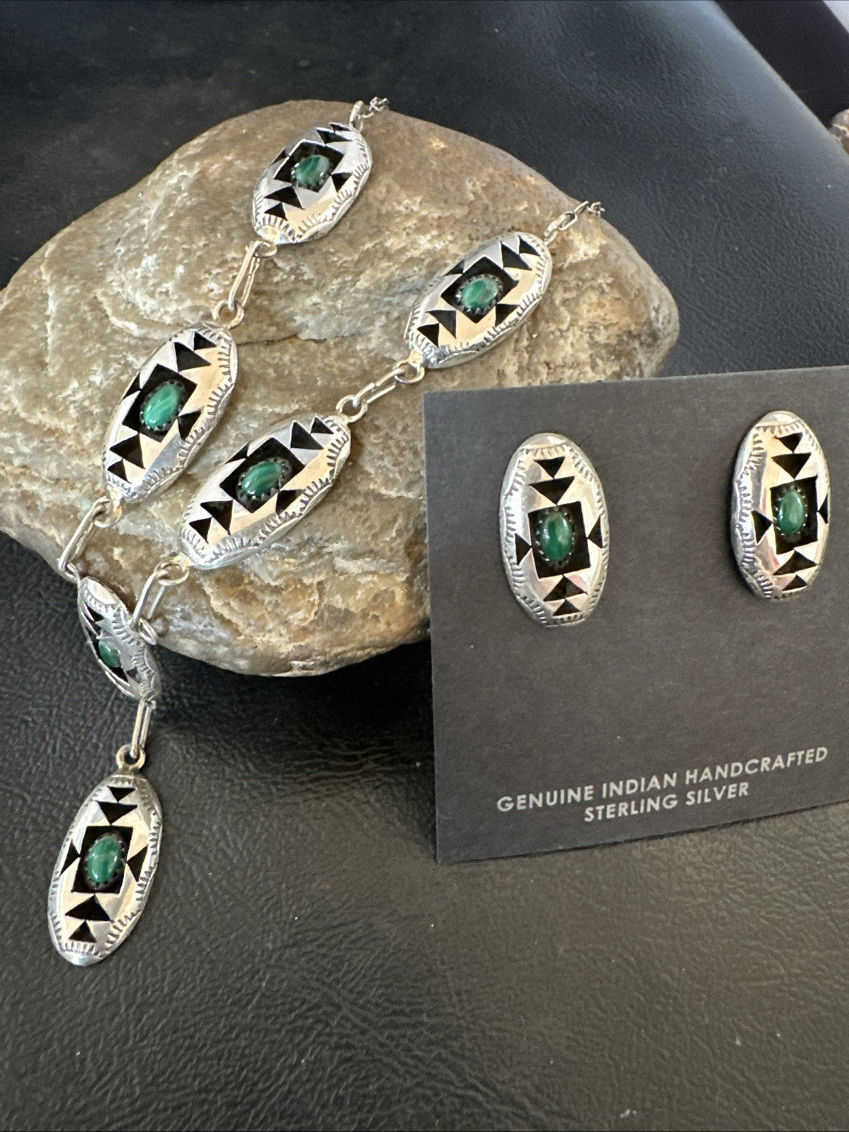 Old Navajo Green Malachite Sterling Silver Shadowbox Necklace Earrings 18”19106