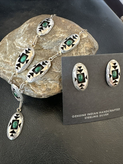 Old Navajo Green Malachite Sterling Silver Shadowbox Necklace Earrings 18”19106