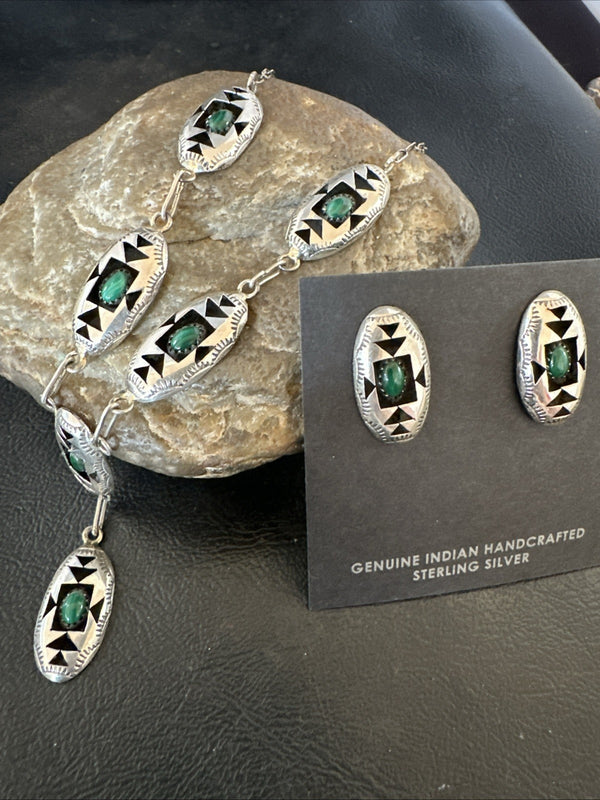 Old Navajo Green Malachite Shadowbox Necklace Earrings 18" | Sterling Silver | Authentic Native American Handmade | 19106