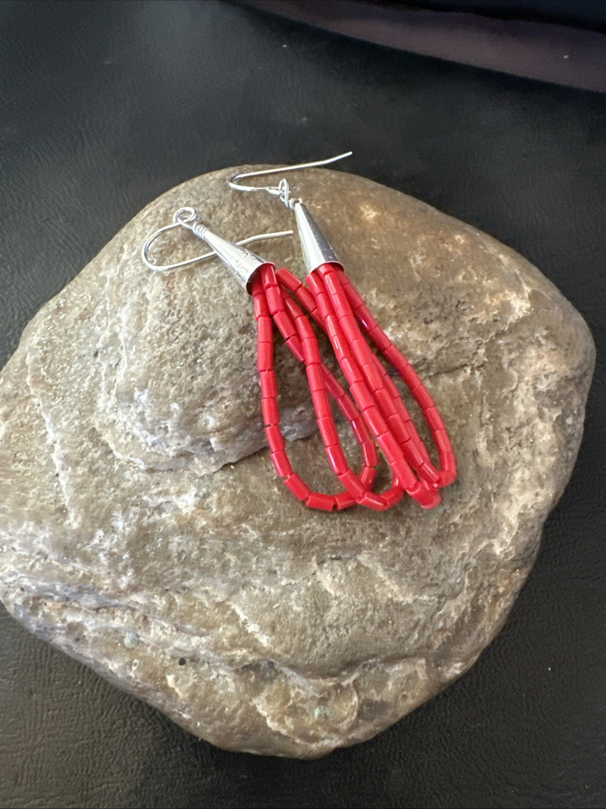 Native Red Coral Heishi Tube Liquid Sterling Silver Dangle Earrings 2" 4399
