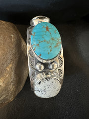 Men White Buffalo Blue Turquoise Navajo Cuff Bracelet 7.3" | Sterling Silver | Authentic Native American Handmade | 19429