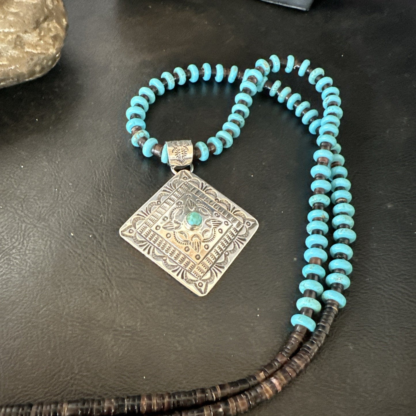 Navajo Blue Turquoise Stamped Pendant Shell Sterling Silver 25” Necklace 19708