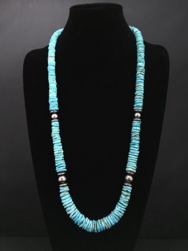 Navajo Sterling Silver Blue Turquoise Graduated Necklace 32" 1338