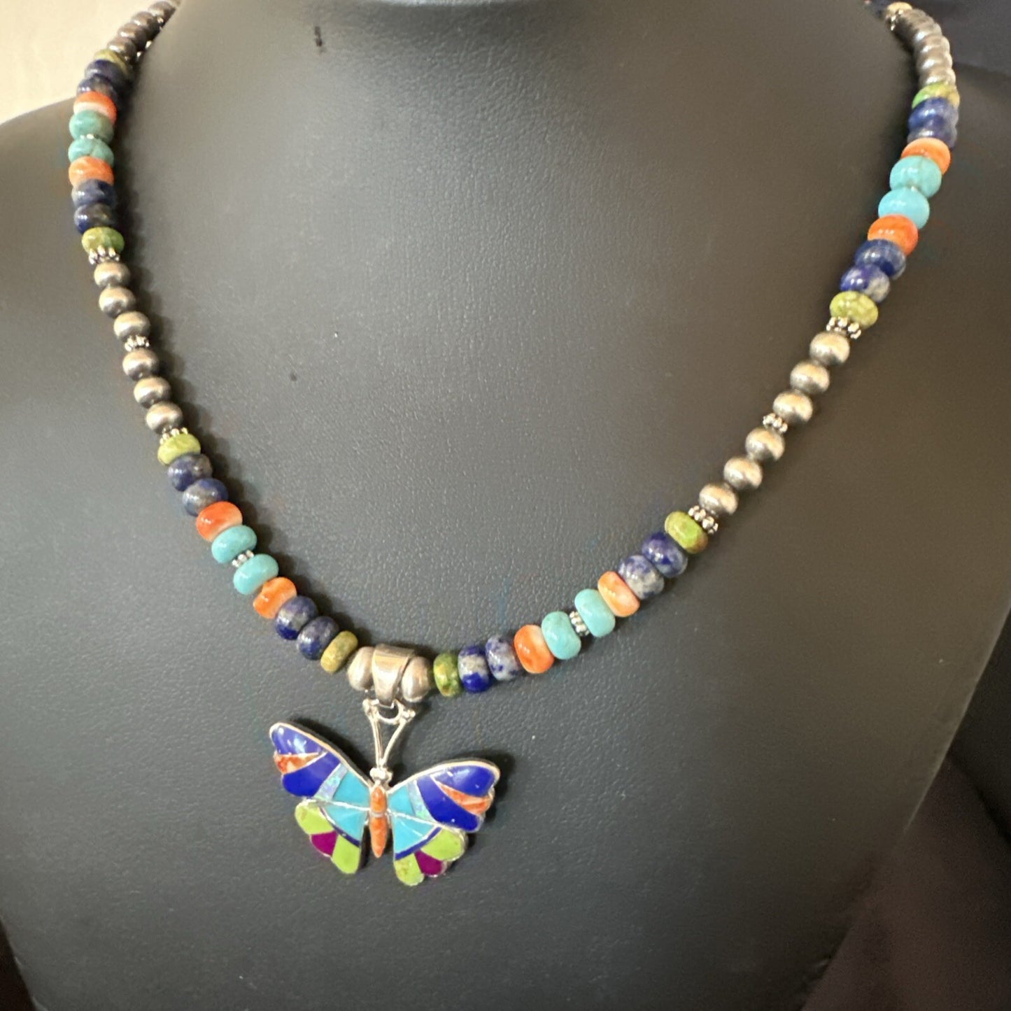 Butterfly Multicolor Turquoise Pendant Navajo Sterling Silver Necklace 18729