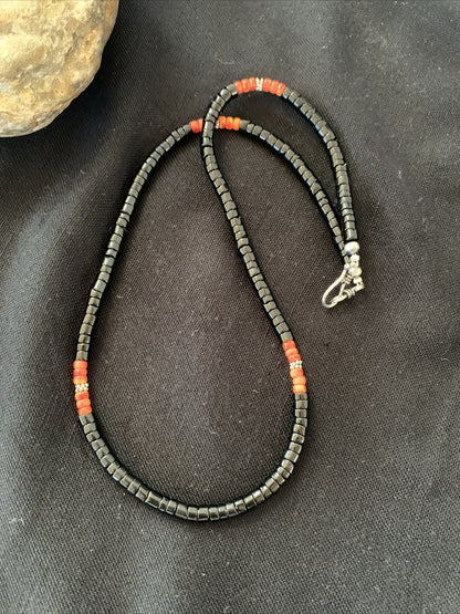 Mens Spiny Oyster & Onyx Heishi Navajo Pearls Sterling Silver Necklace 1391