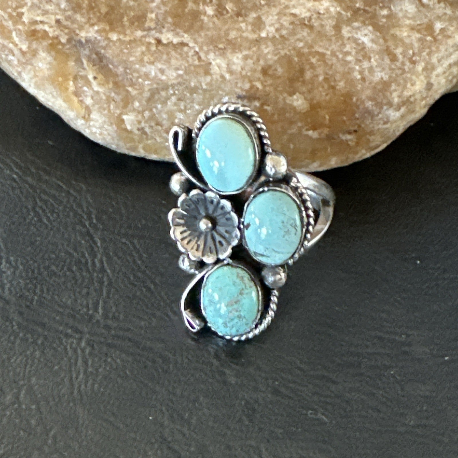 Yazzie Ring Blue Turquoise Navajo Sterling Silver Cluster Size 10 19218