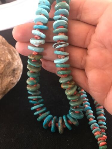 Navajo Blue Green Turquoise & Spiny Oyster Necklace Graduated 35" 8117