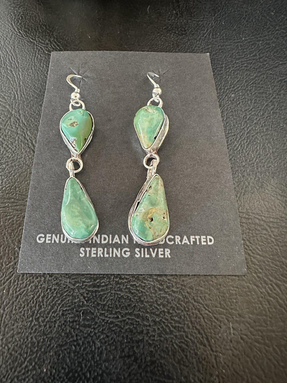 Green Royston Turquoise Navajo Sterling Silver Dangle Earrings 19380