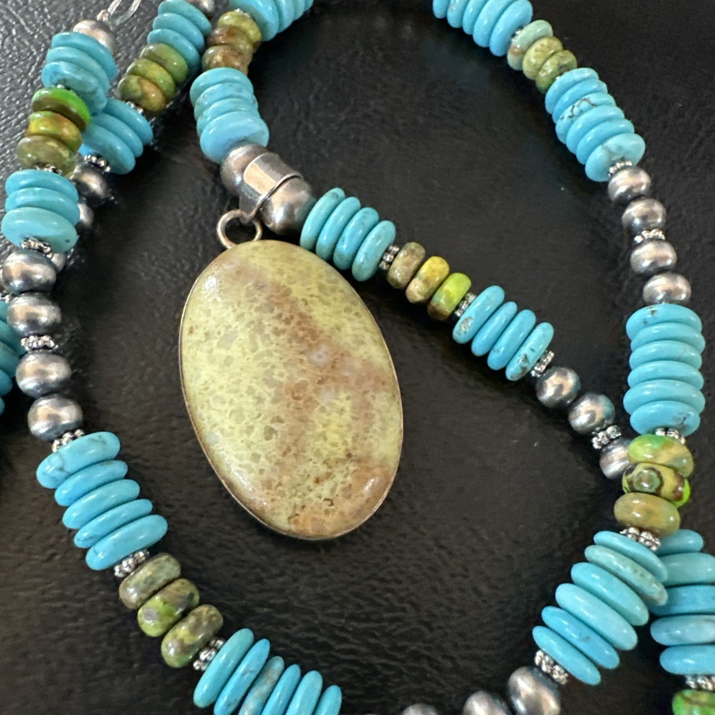 Green Gaspeite Pendant Blue Turquoise Navajo Sterling Silver Necklace 20" 19670