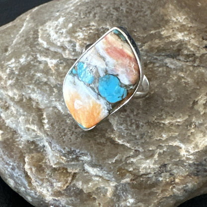 Blue Turquoise Spiny Oyster Navajo Sterling Silver Ring Size 8 18250