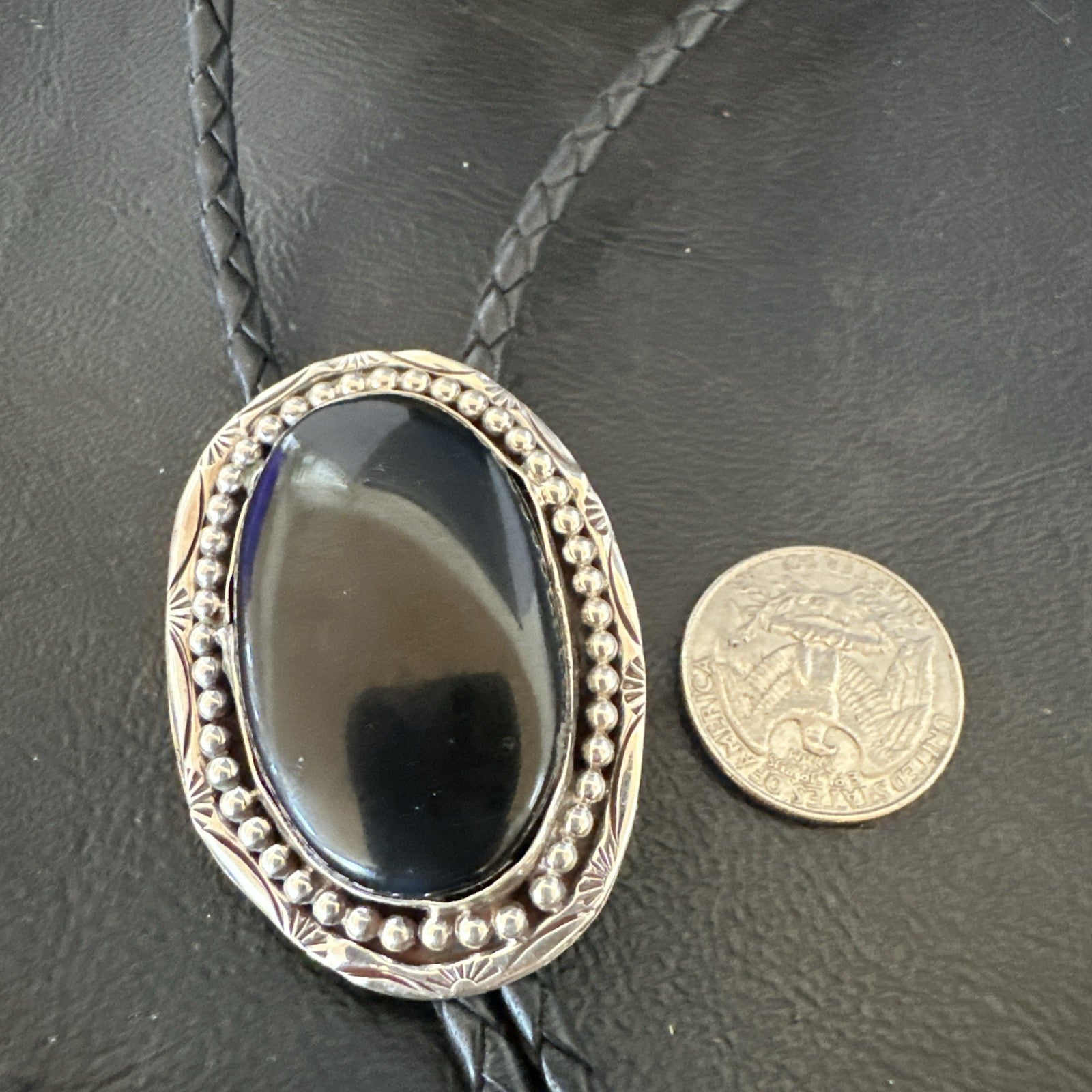 Mens Black Onyx Navajo Sterling Silver Bolo Tie 19053