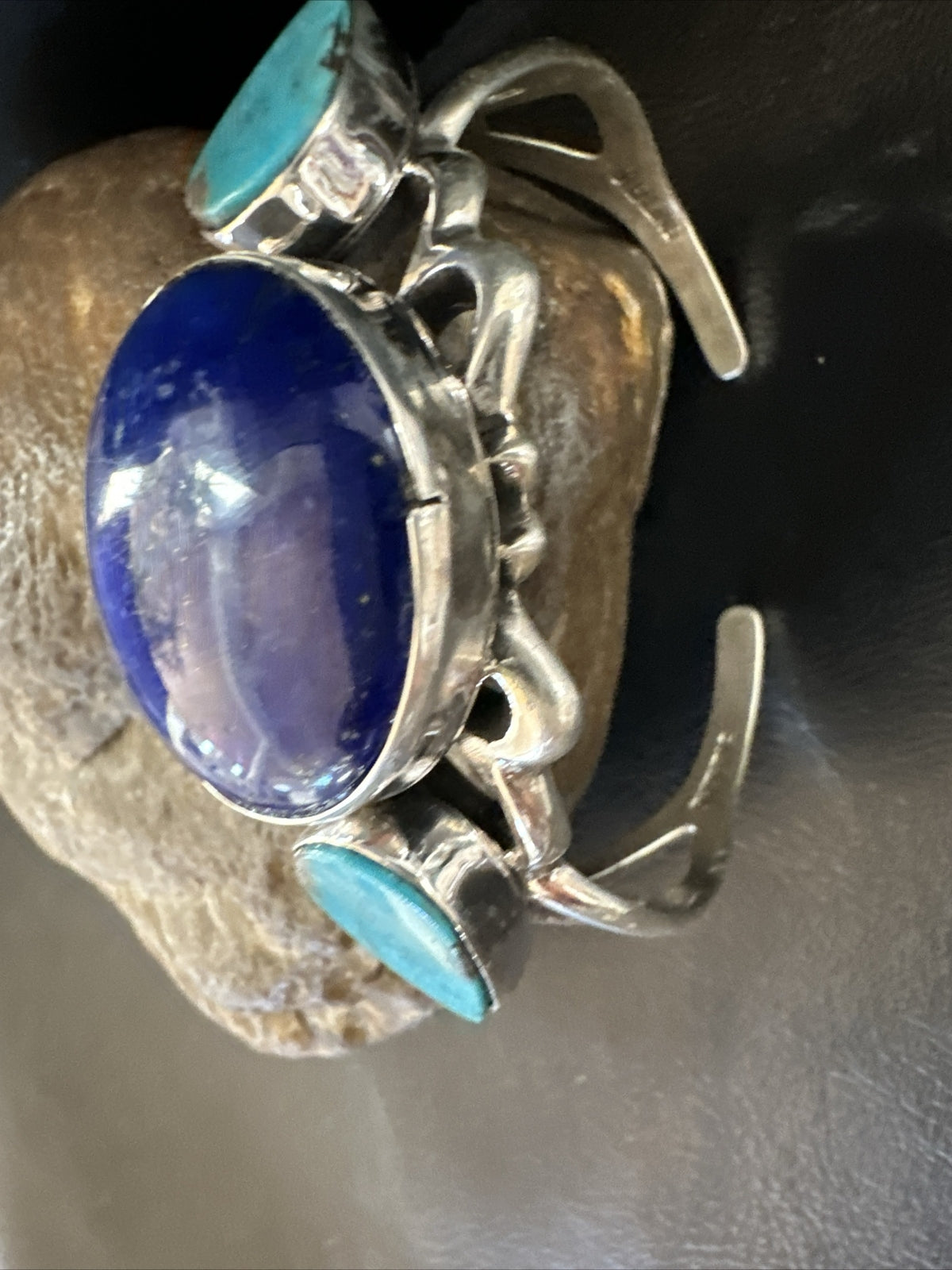 Kingman Turquoise Lapis Navajo Sterling Silver Tufa Cast Cuff Bracelet 17984