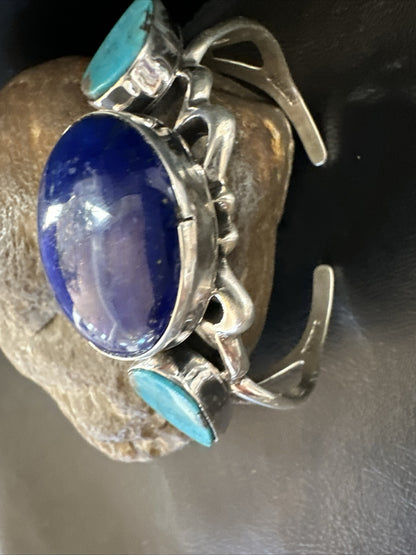 Kingman Turquoise Lapis Navajo Sterling Silver Tufa Cast Cuff Bracelet 17984