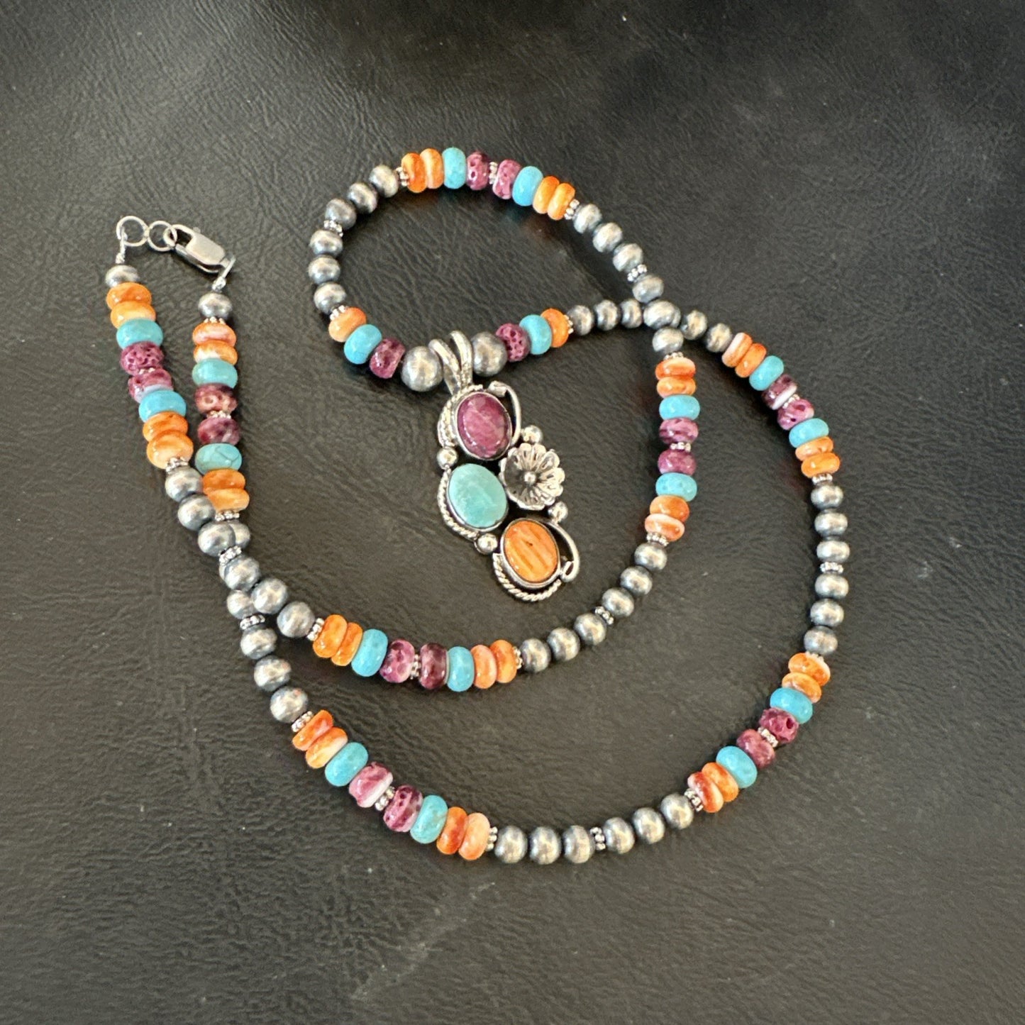 Multicolor Turquoise Spiny Navajo Sterling Silver Cluster Pendant Necklace 19641