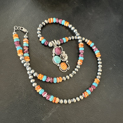 Multicolor Turquoise Spiny Navajo Sterling Silver Cluster Pendant Necklace 19641