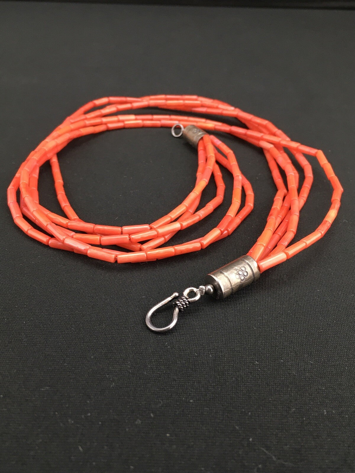Orange Coral Tube Heishi Bead 5 Strand Navajo Sterling Silver Necklace 19" 1108