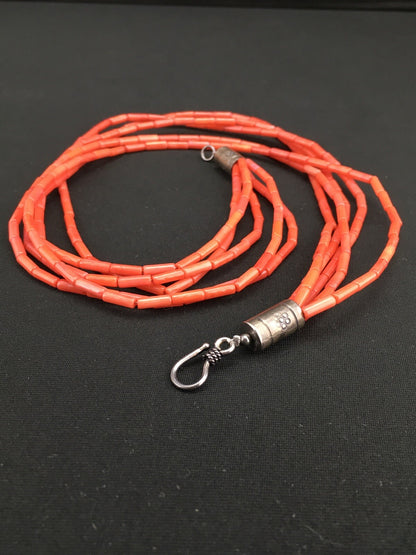 Orange Coral Tube Heishi Bead 5 Strand Navajo Sterling Silver Necklace 19" 1108