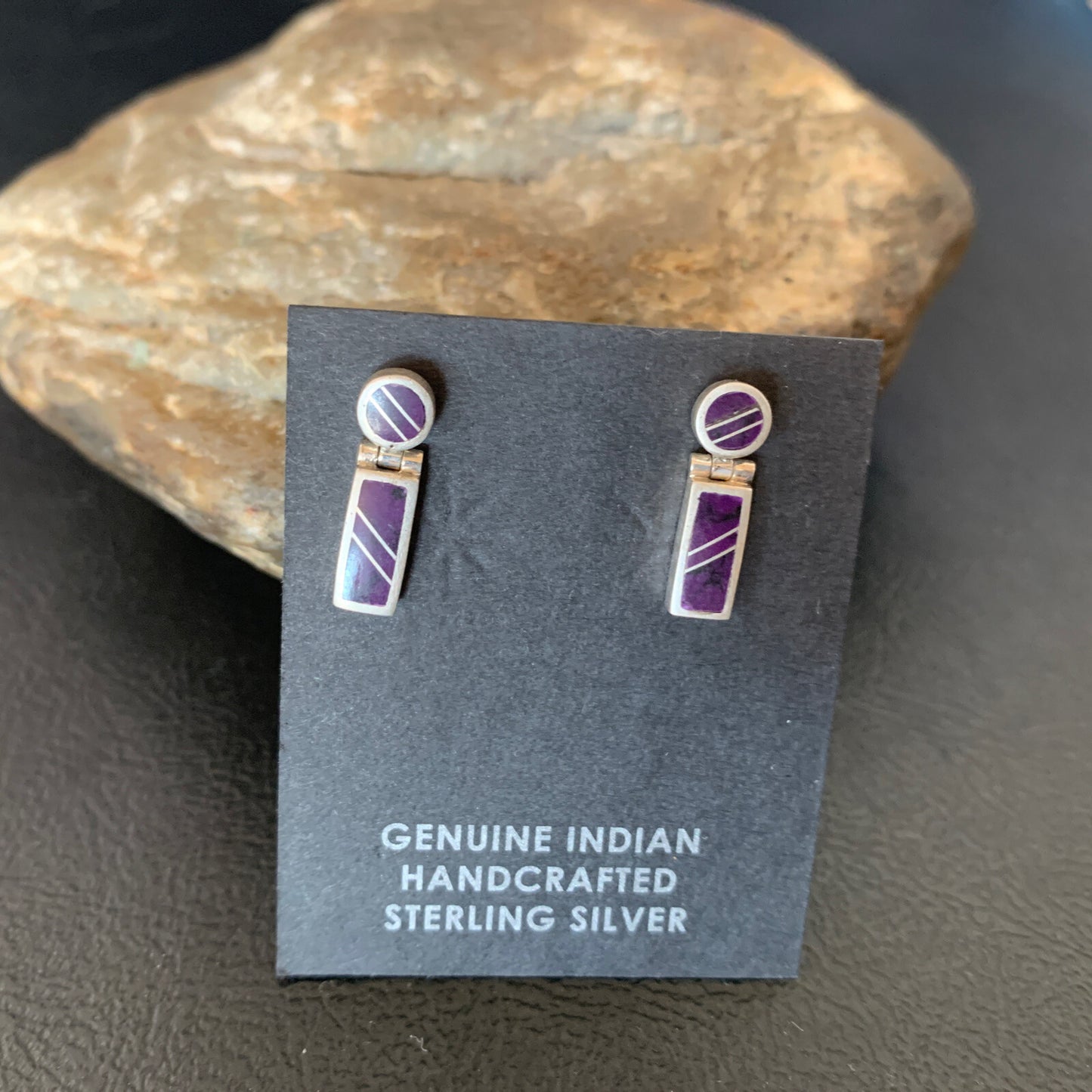 Native Purple Stone Navajo Sterling Silver Dangle Inlay Earrings 0.6" 12682