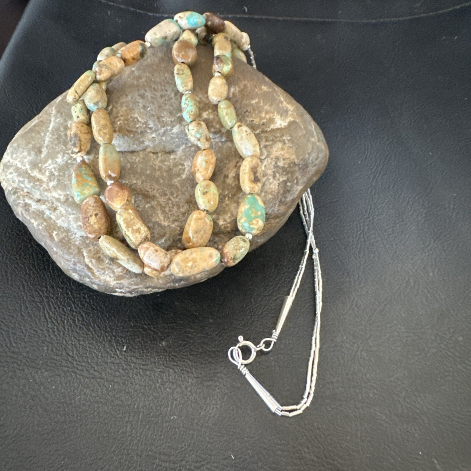 Only One Sterling Silver Heishi Green Turquoise 2 Strands Bead Necklace 18823