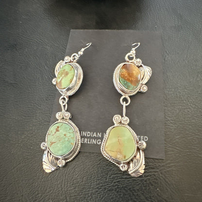 Green Royston Turquoise Navajo Sterling Silver Dangle Earrings 19600