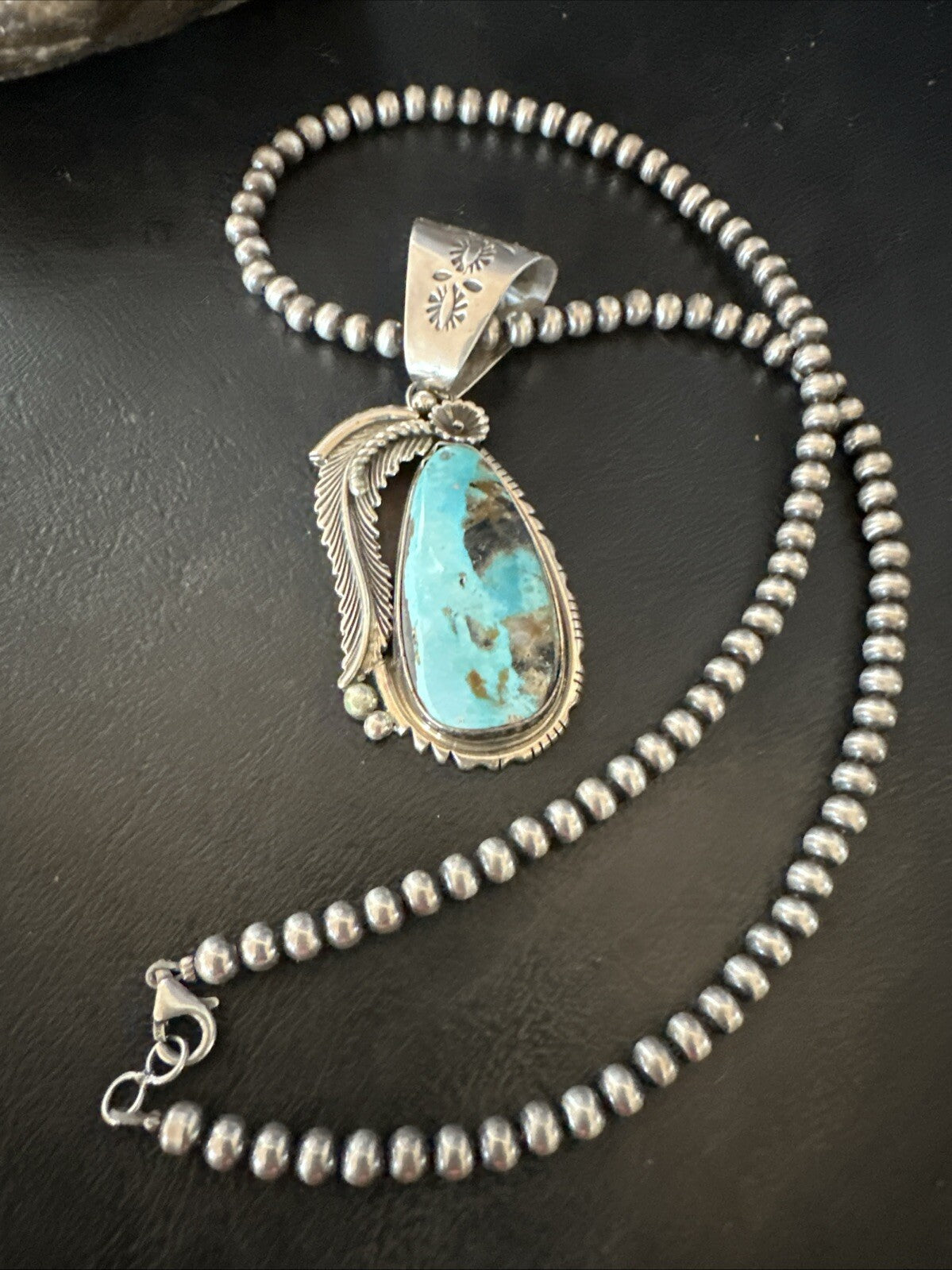 Mens Womens Blue Turquoise Pendant Sterling Silver Beads Sterling Necklace 18648