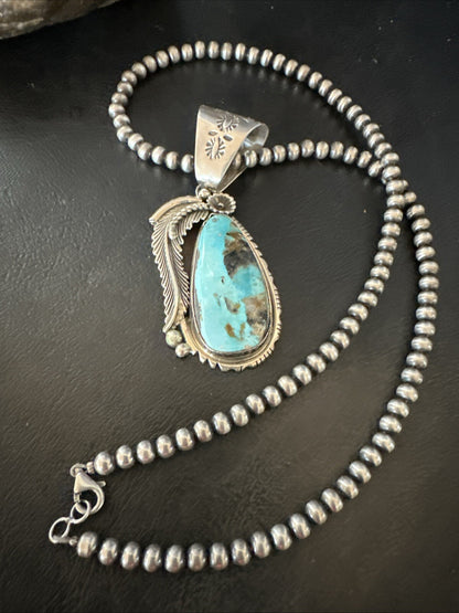 Mens Womens Blue Turquoise Pendant Sterling Silver Beads Sterling Necklace 18648