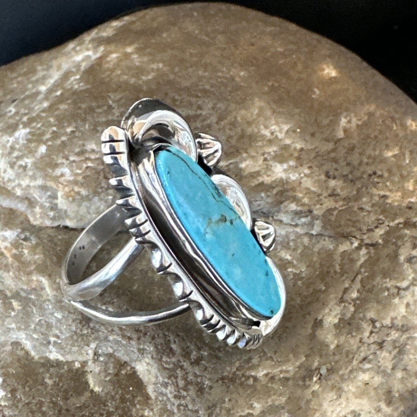 Blue Kingman Turquoise Navajo Sterling Silver Ring Size 7.5 18632
