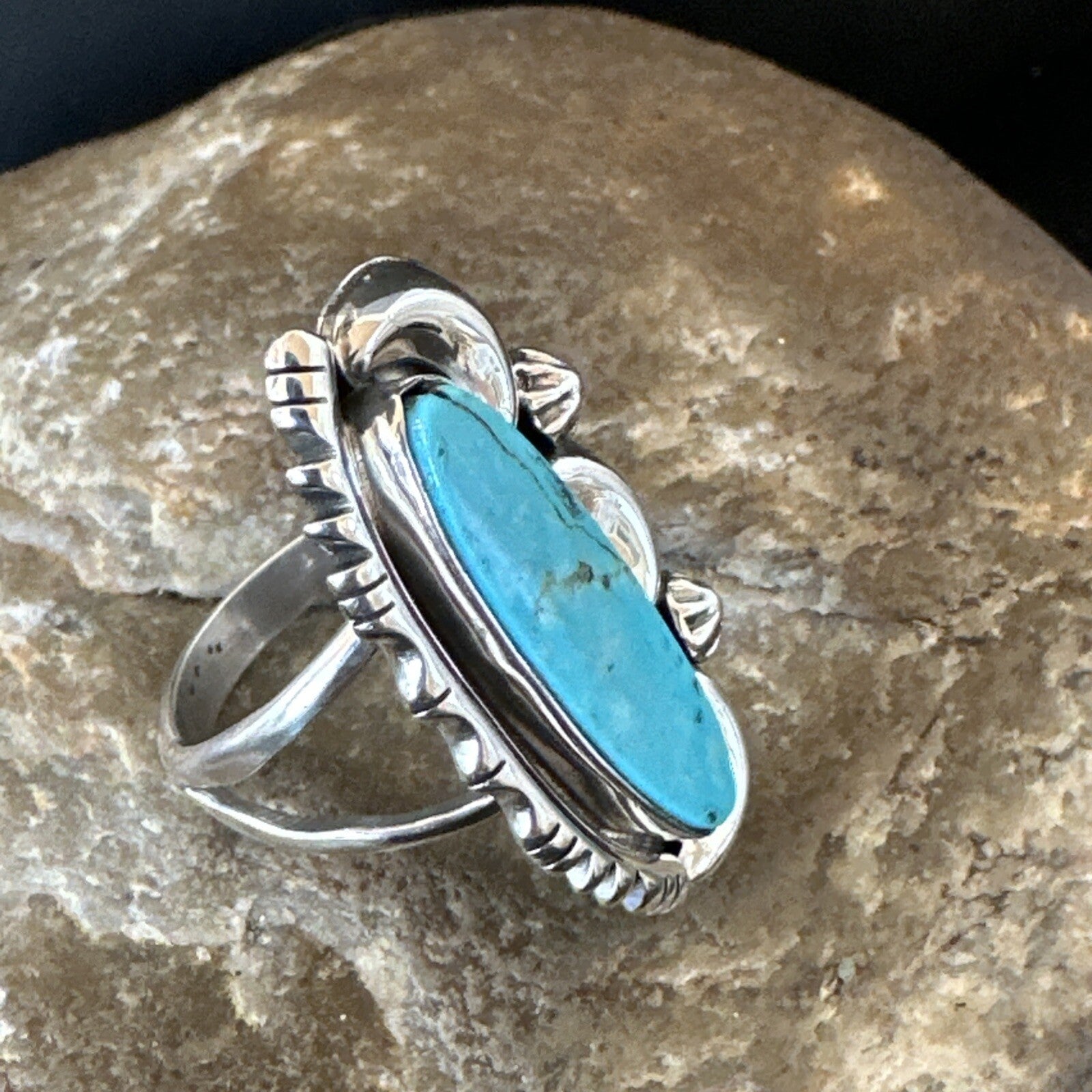 Blue Kingman Turquoise Navajo Sterling Silver Ring Size 7.5 18632