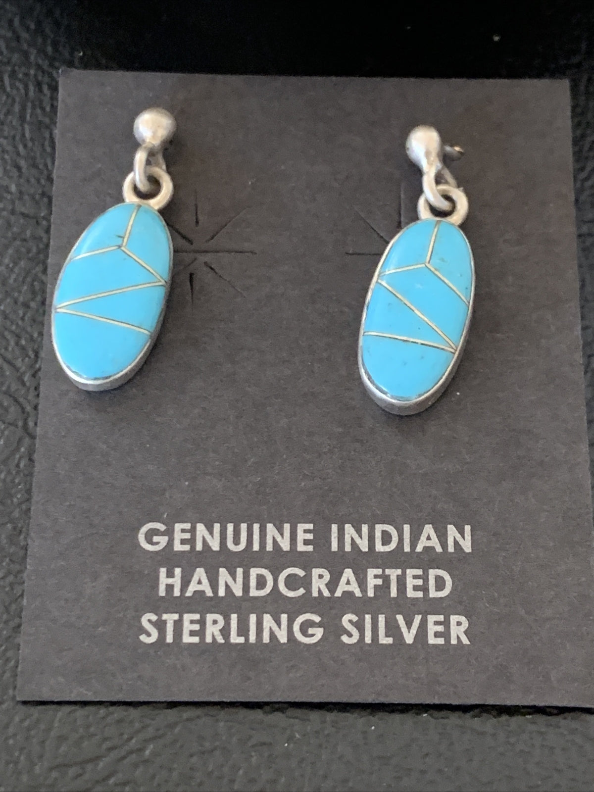 Navajo Blue Turquoise Sterling Silver Dangle Post Inlay Earrings 0.7" 12719