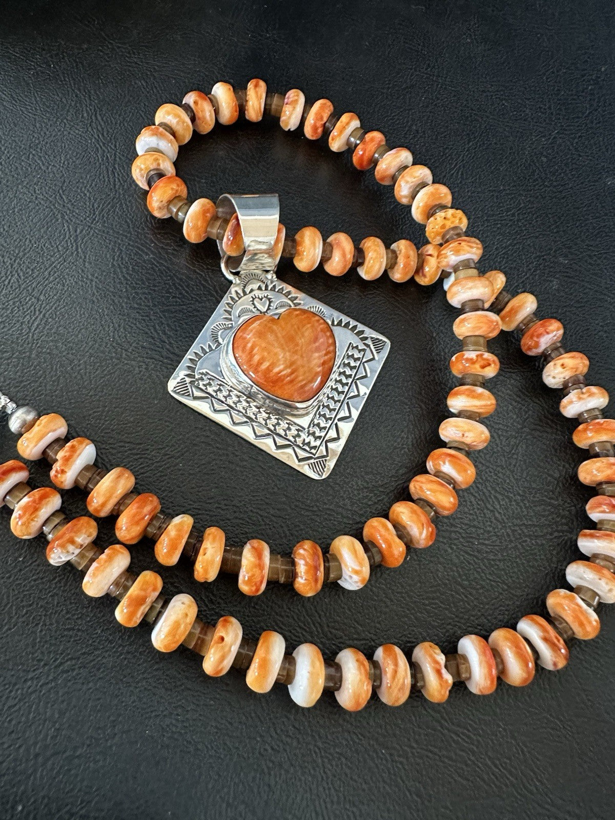 H Joe Orange Spiny Oyster Heart Pendant Navajo Sterling Silver Necklace 19480