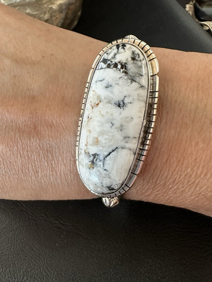 White Buffalo Turquoise Navajo Sterling Silver Cuff Bracelet 7" 19381