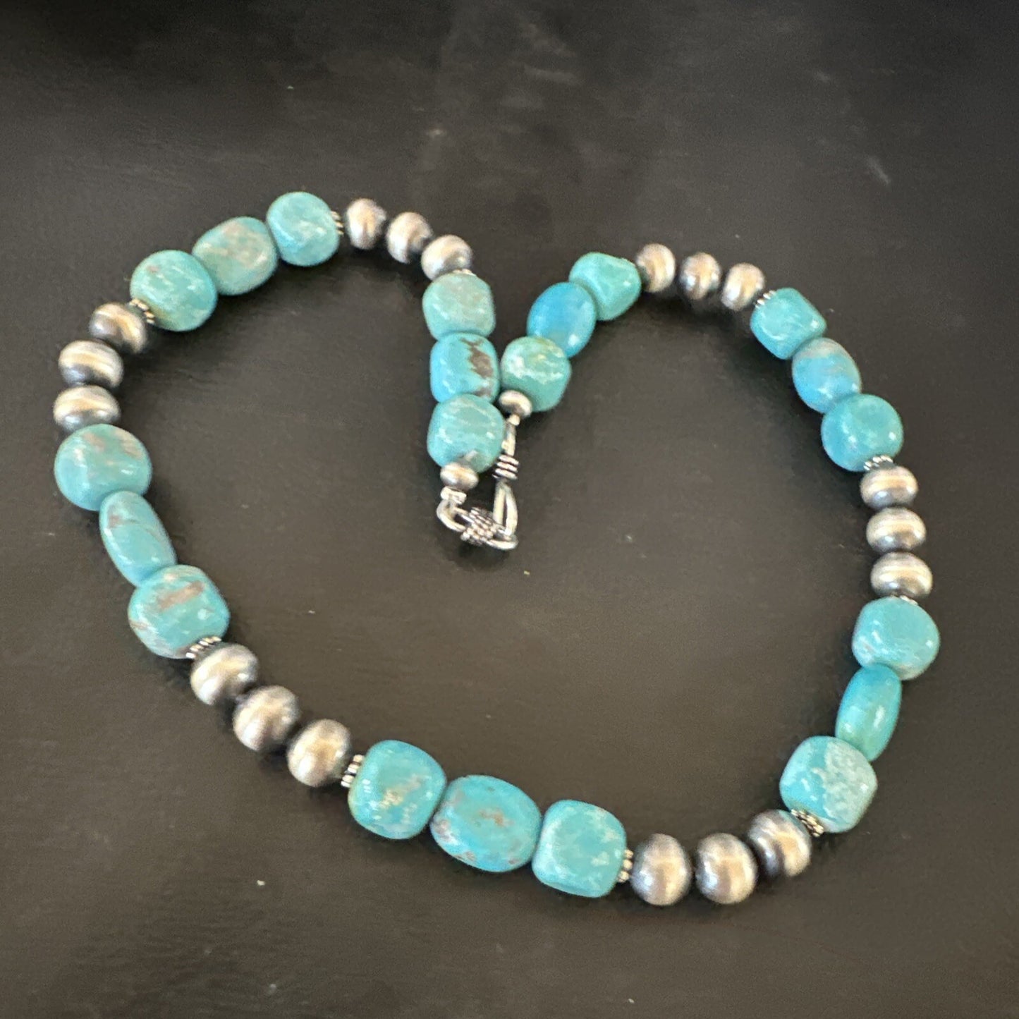 WoMens Blue Turquoise Nugget Navajo Pearls Sterling Silver Necklace 93416