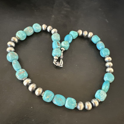 WoMens Blue Turquoise Nugget Navajo Pearls Sterling Silver Necklace 93416