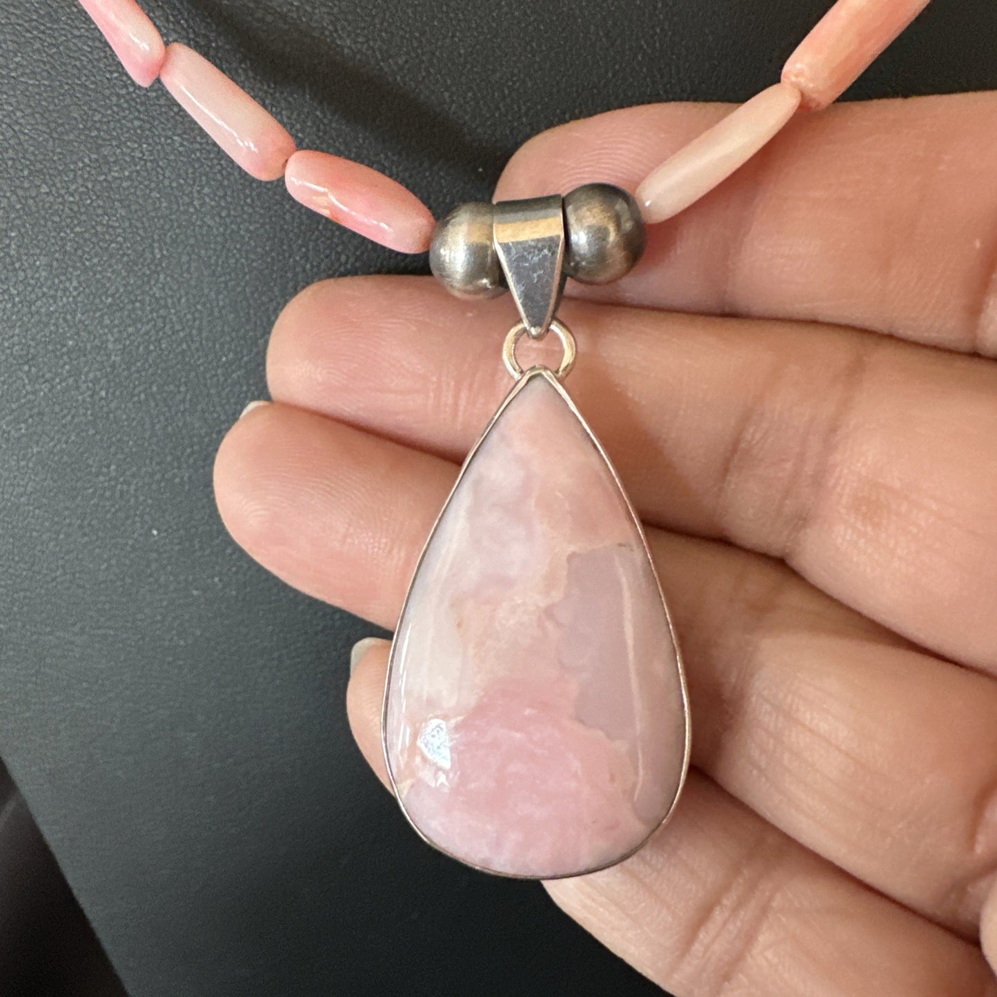 Southwestern Sterling Silver Pink Coral Bead Necklace Quartz Pendant 24" 19587