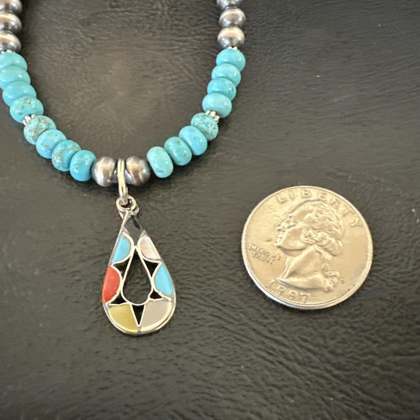 Zuni Turquoise Pink MOP Inlay Pendant 2Sided Necklace Sterling Silver 18062