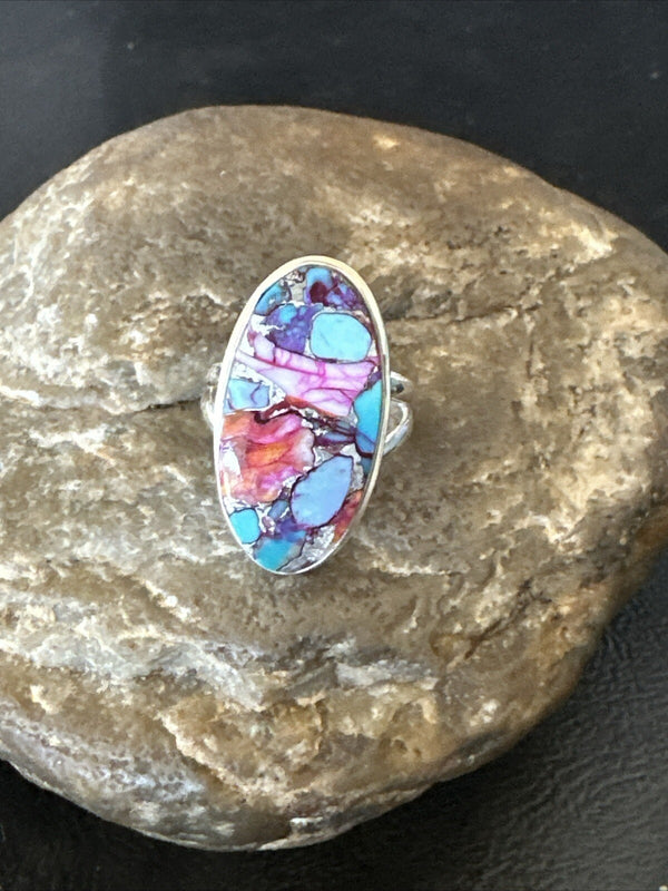Blue Turquoise Spiny Oyster Southwestern Ring Size 7 | Sterling Silver | Authentic Native American Handmade | 18432