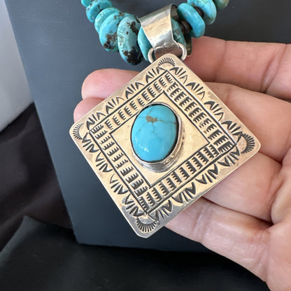 Navajo Blue Turquoise Stamped Pendant Shell Sterling Silver 29” Necklace 19704