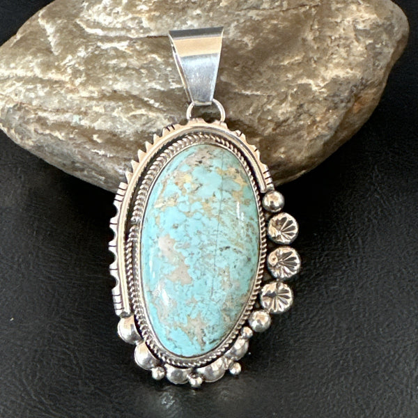 XL Men Women Blue Royston Turquoise Pendant Navajo Yazzie | Sterling Silver | Authentic Native American Handmade | 19524