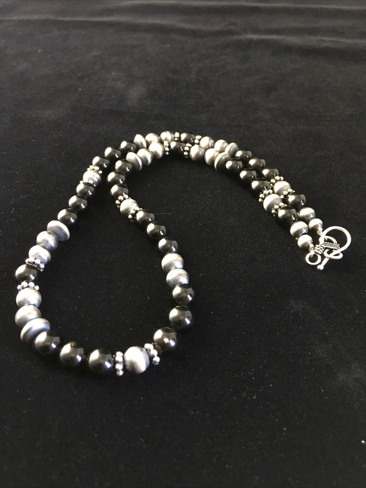 Mens Black Onyx Navajo Sterling Silver Bead Necklace 1743